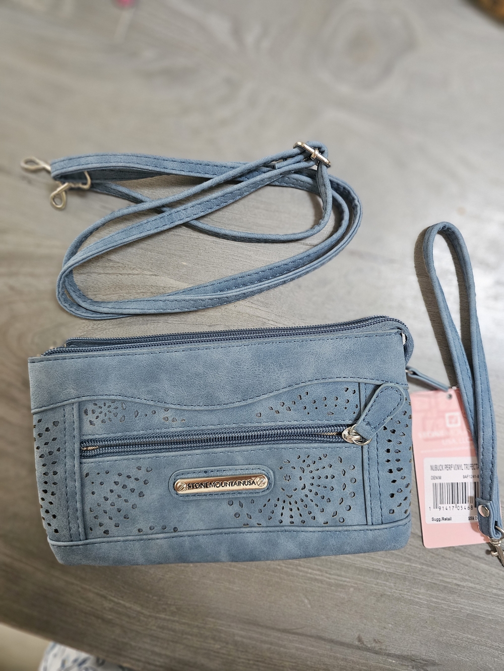 Stone Mountain Accessories Dusty Blue Perforated Faux-Suede Crossbdy - Picture 5 of 12